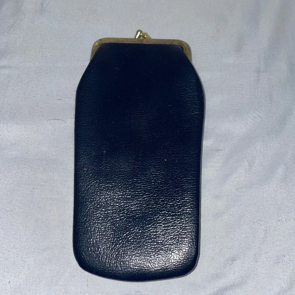 Vintage Black Faux Leather Kiss Lock Eyeglass Case Gold Tone Hardware Retro